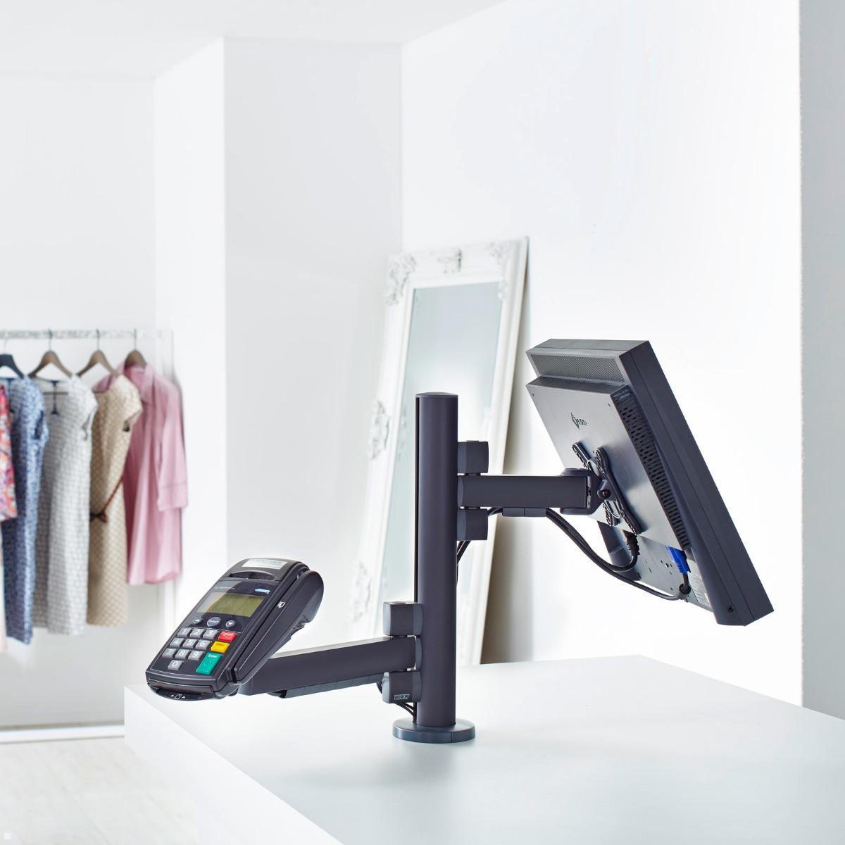 Novus POS Arm L 380 cross 2 Dual Monitorhalter (853+4505+003), anthrazit, Anwendungsbeispiel Novus POS Arm L 380 cross 2 Dual Monitorhalter (853+4505+003), anthrazit, Anwendungsbeispiel