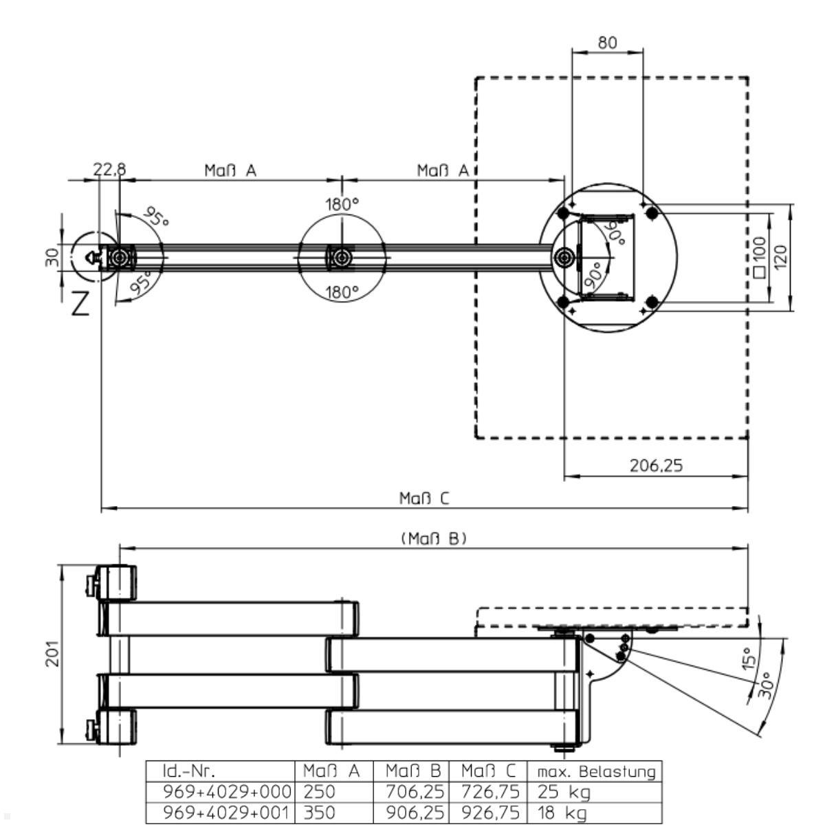 Novus TFC Zubehör Universal Faltarm Ablage 700 mm für Alu Profil Zeichnung mit Maßen