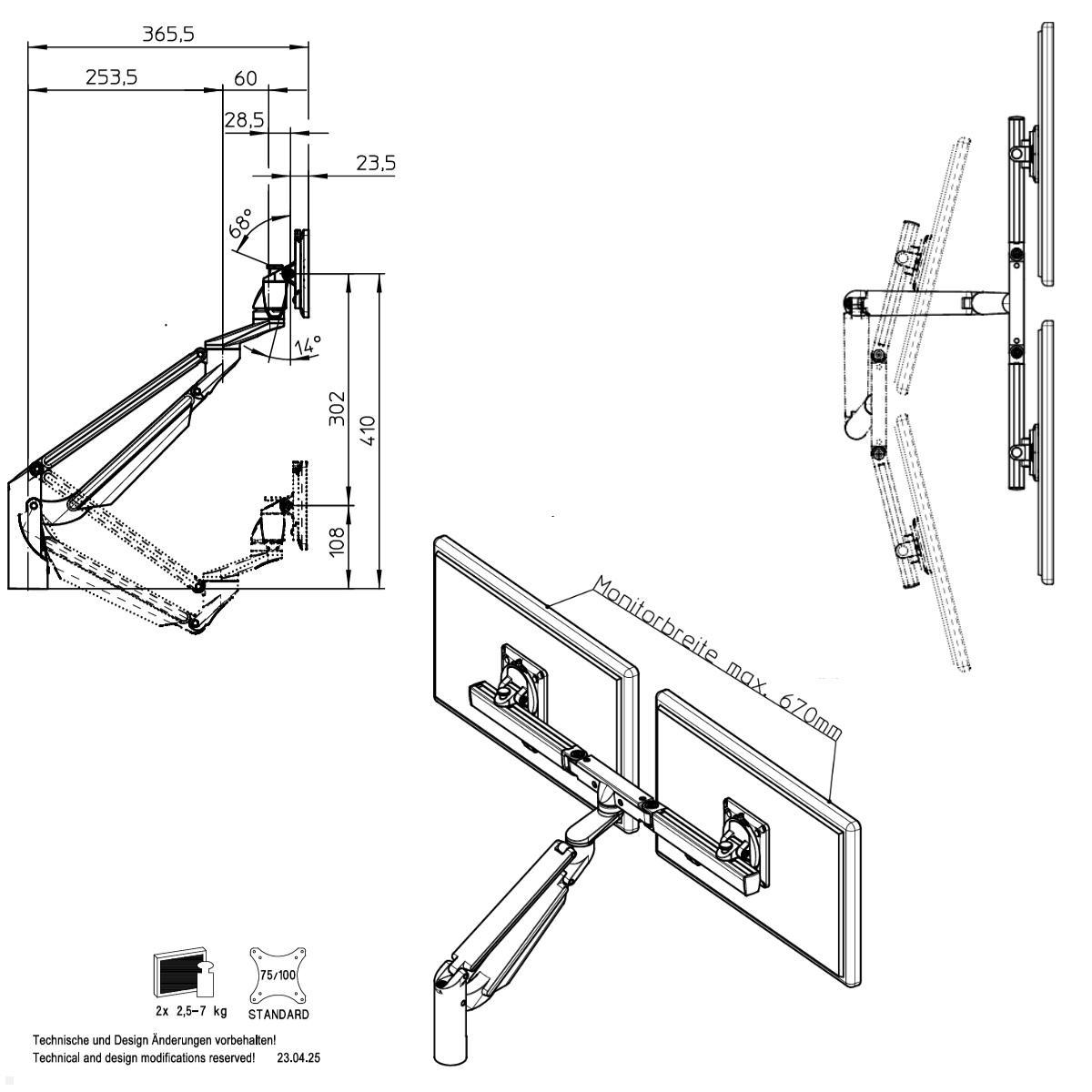 Novus Clu Plus X2 Monitorhalter für 2 Monitore ohne Befestigung (992+2108+000), schwarz, schwenkbarer Dual Monitorarm