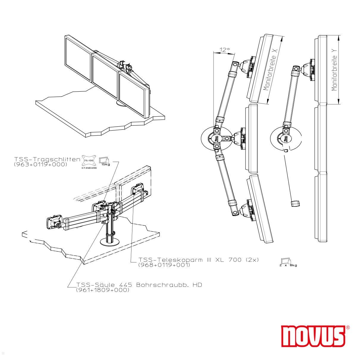 Novus Mehrplatzset TSS Trio Monitor Tischhalterung für 3 Monitore (220+0300+000) technische Zeichnung Novus Mehrplatzset TSS Trio Monitor Tischhalterung für 3 Monitore (220+0300+000) technische Zeichnung