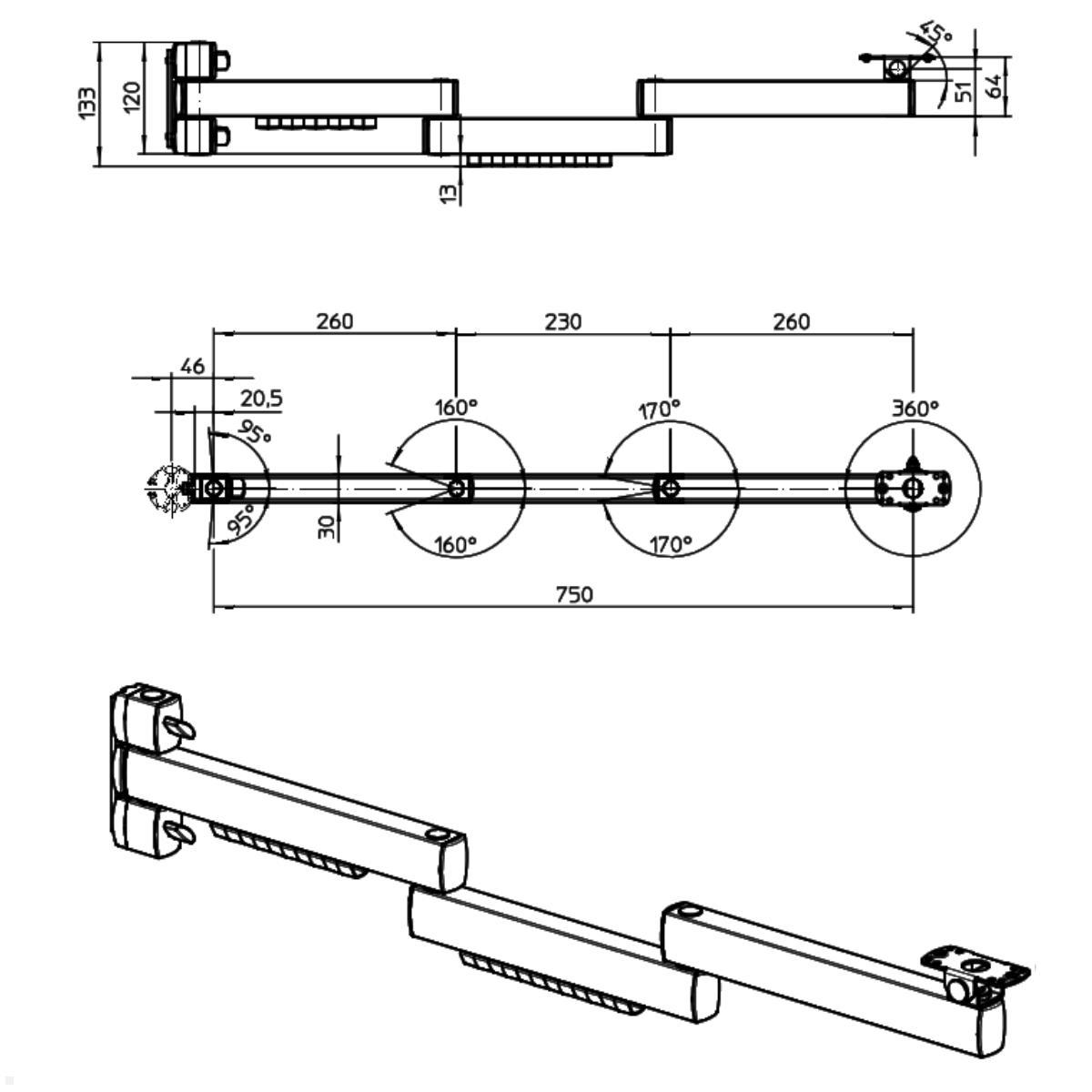 Novus POS Schwenkarm 853+7509+000 XL Tragarm, silber, Technische Zeichnung Novus POS Schwenkarm 853+7509+000 XL Tragarm, silber, Technische Zeichnung