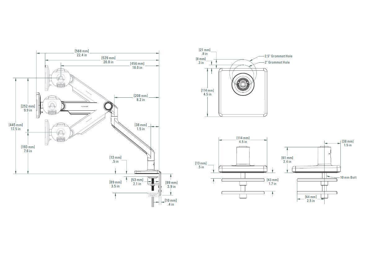 Humanscale M2.1 Monitor Durchschraub Monitorhalter, weiß, Technische Zeichnung
