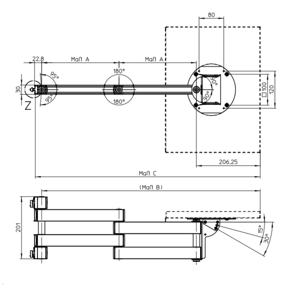 Novus TFC Zubehör Faltarm Ablage 700 mm für Alu Profil Zeichnung mit Maßen