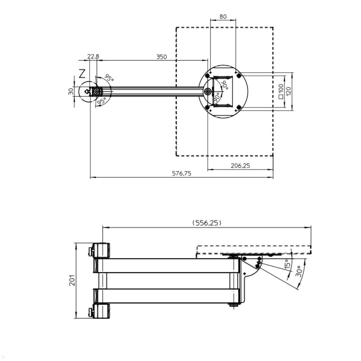 Novus TFC Zubehör Tragarm Ablage 350 mm für Alu Profil Zeichnung mit Maßen