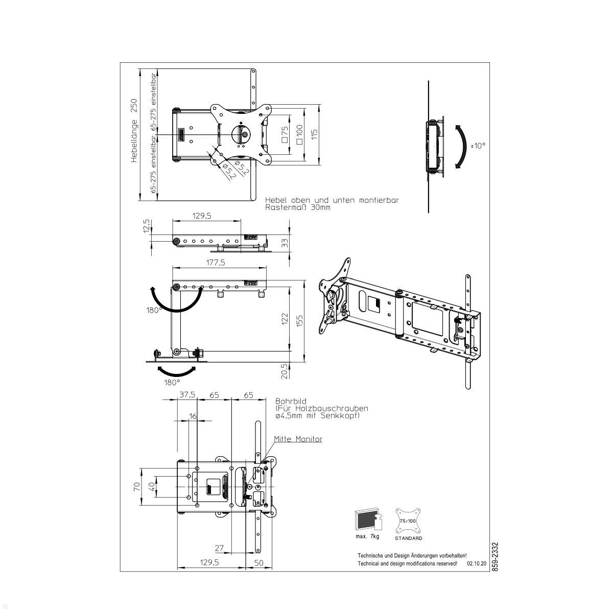 Novus SKY BASIC 1 schwenkbare TV Wandhalterung für Wohnwagen, Wohnmobile technische Zeichnung Novus SKY BASIC 1 schwenkbare TV Wandhalterung für Wohnwagen, Wohnmobile technische Zeichnung
