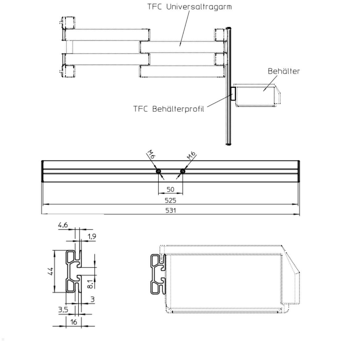 Novus TFC Behälterprofil 525 mm für Alu Profil Zeichnung mit Maßen