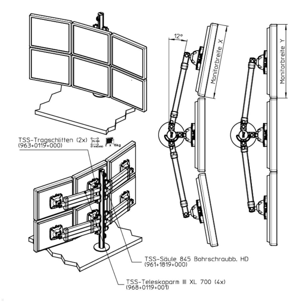 NOVUS TSS Sextett Monitorhalterung Teleskop für 6 Monitore Zeichnung
