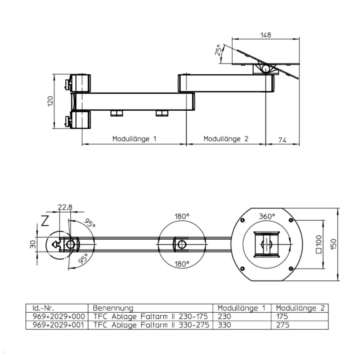 Novus TFC Faltarm II Ablage 275-330 mm Zubehör für Alu-Profil Zeichnung mit Maßen
