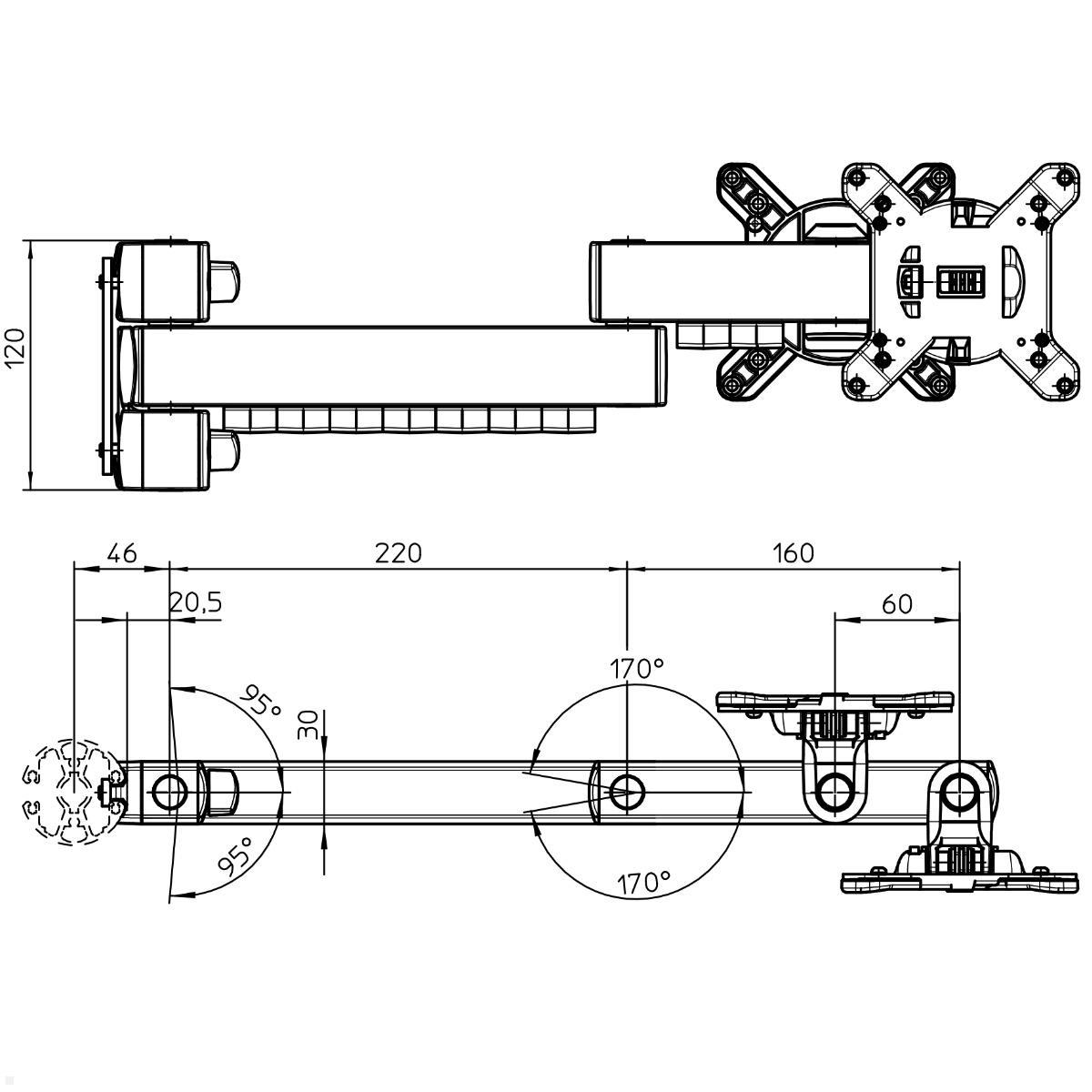 Novus POS Arm L 380 cross 2 Dual Monitorhalter (853+4505+003), anthrazit, technische Zeichnung Novus POS Arm L 380 cross 2 Dual Monitorhalter (853+4505+003), anthrazit, technische Zeichnung
